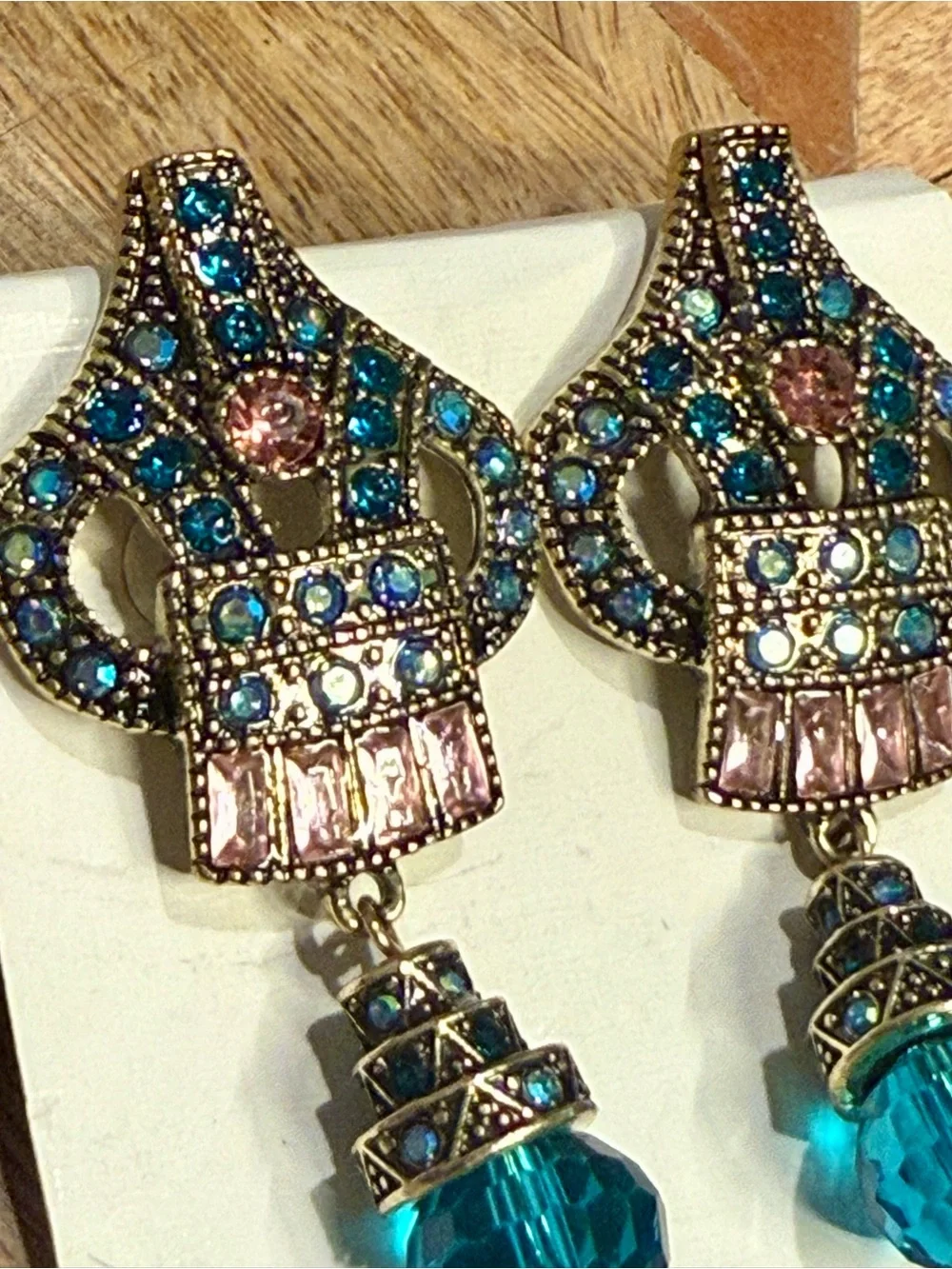 Vintage-Style Blue Crystal Drop Earrings with Pink Accents